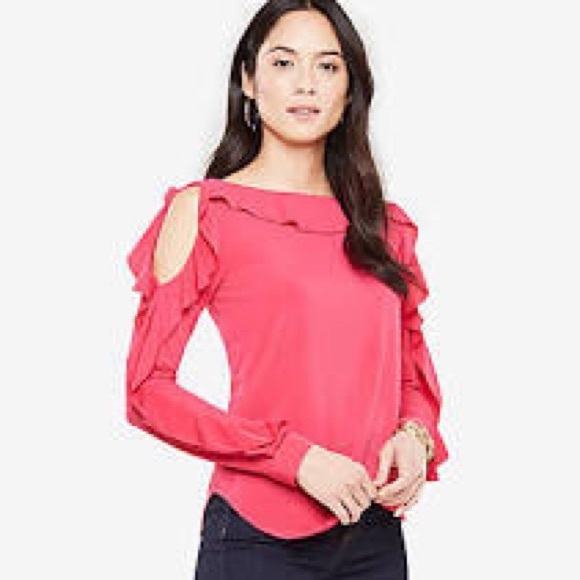 Ann Taylor Hot Pink Cold Shoulder Ruffled Blouse - Picture 1 of 4